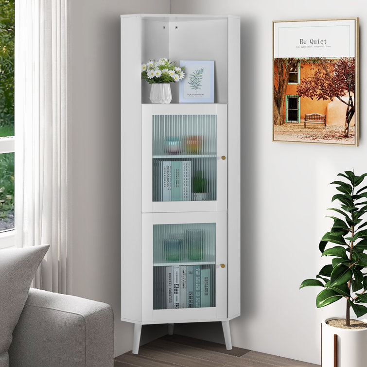 Diab Tall Corner Storage Cabinet With Glass Doors Adjustable Shelves Dark Brown